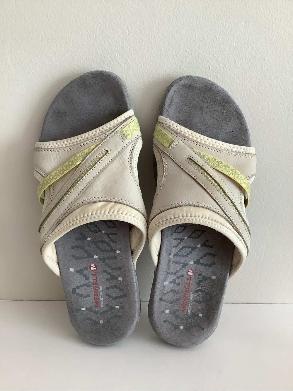 Merrell Women's Cream Slide Sandals with Gray Footbed and Lime Green Accent